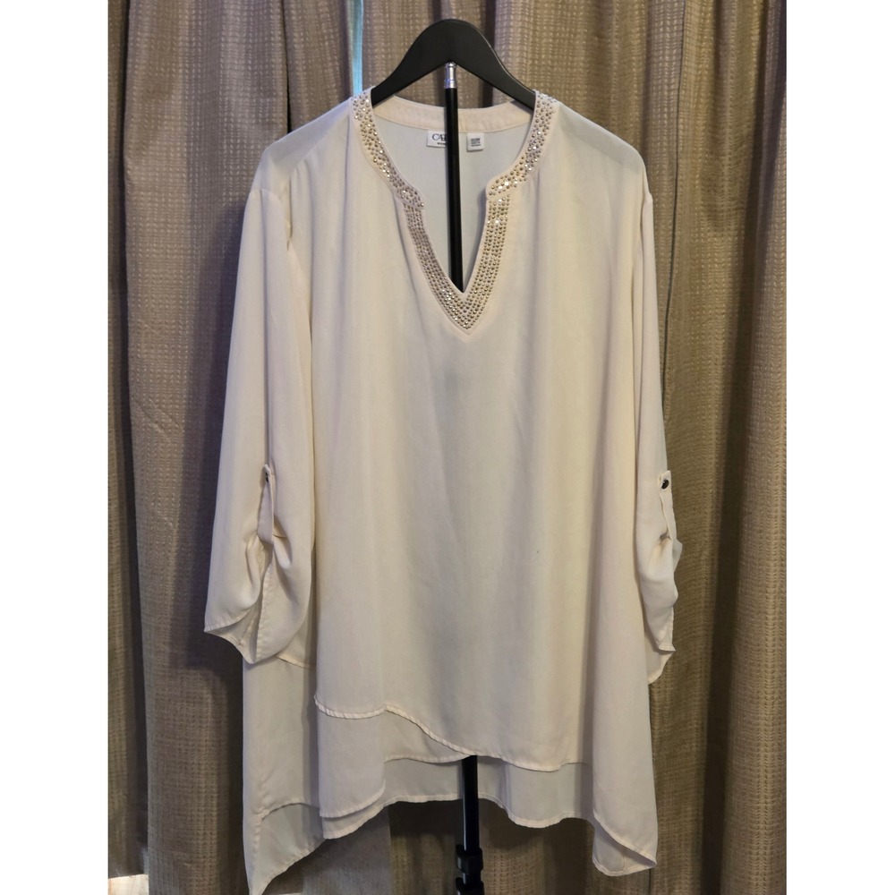 Cato Beaded V-Neck Blouse Women's Size 26/28W‎ Cream Layered Asymmetrical Hem
